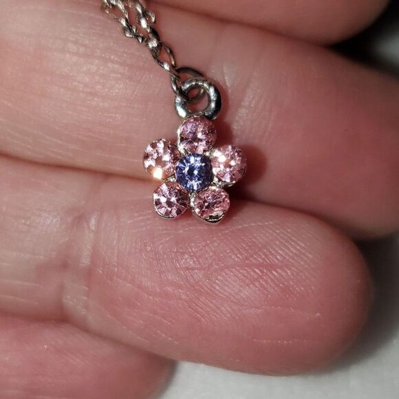 A Cookie Lee Ankle Bracelet Pink Rhinestone Flower Charm Silver Tone Chain - Picture 10 of 11